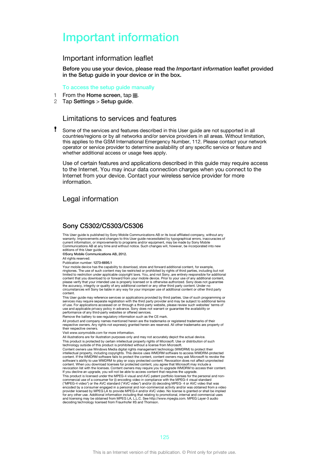 Sony 1271-4775, XSPC5306BK manual Important information leaflet, Limitations to services and features, Legal information 