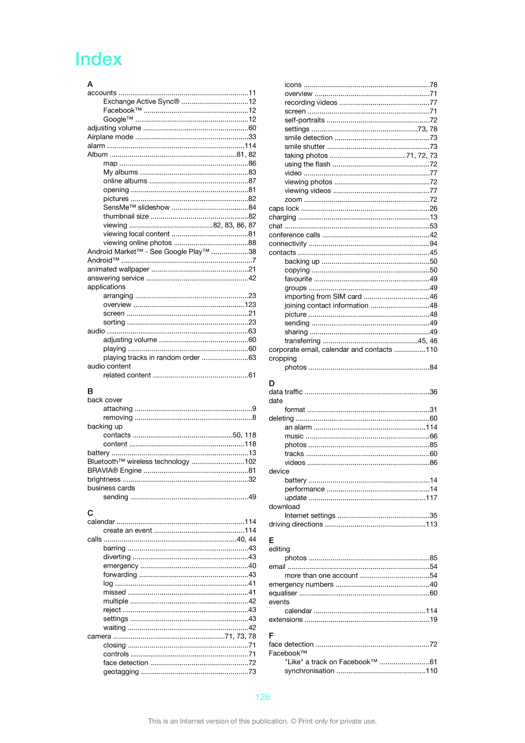 Sony 1271-4771, XSPC5306BK, 1271-4775, 1271-4777 manual Index, 126 