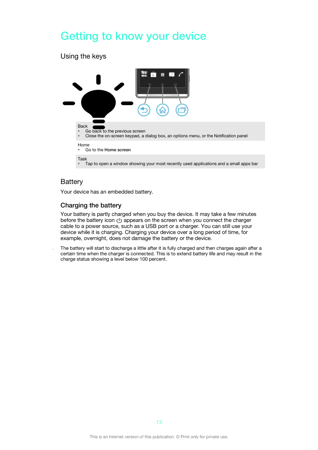 Sony 1271-4775, XSPC5306BK, 1271-4771, 1271-4777 Getting to know your device, Using the keys, Battery, Charging the battery 