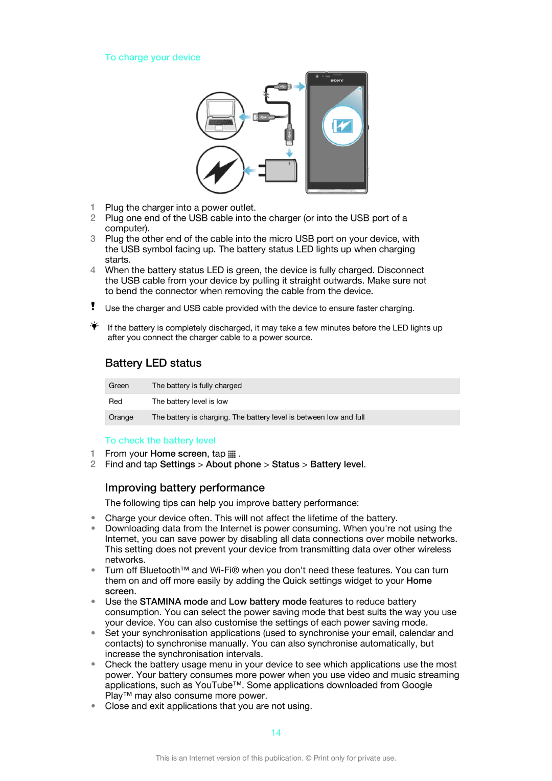 Sony 1271-4771 manual Battery LED status, Improving battery performance, To charge your device, To check the battery level 