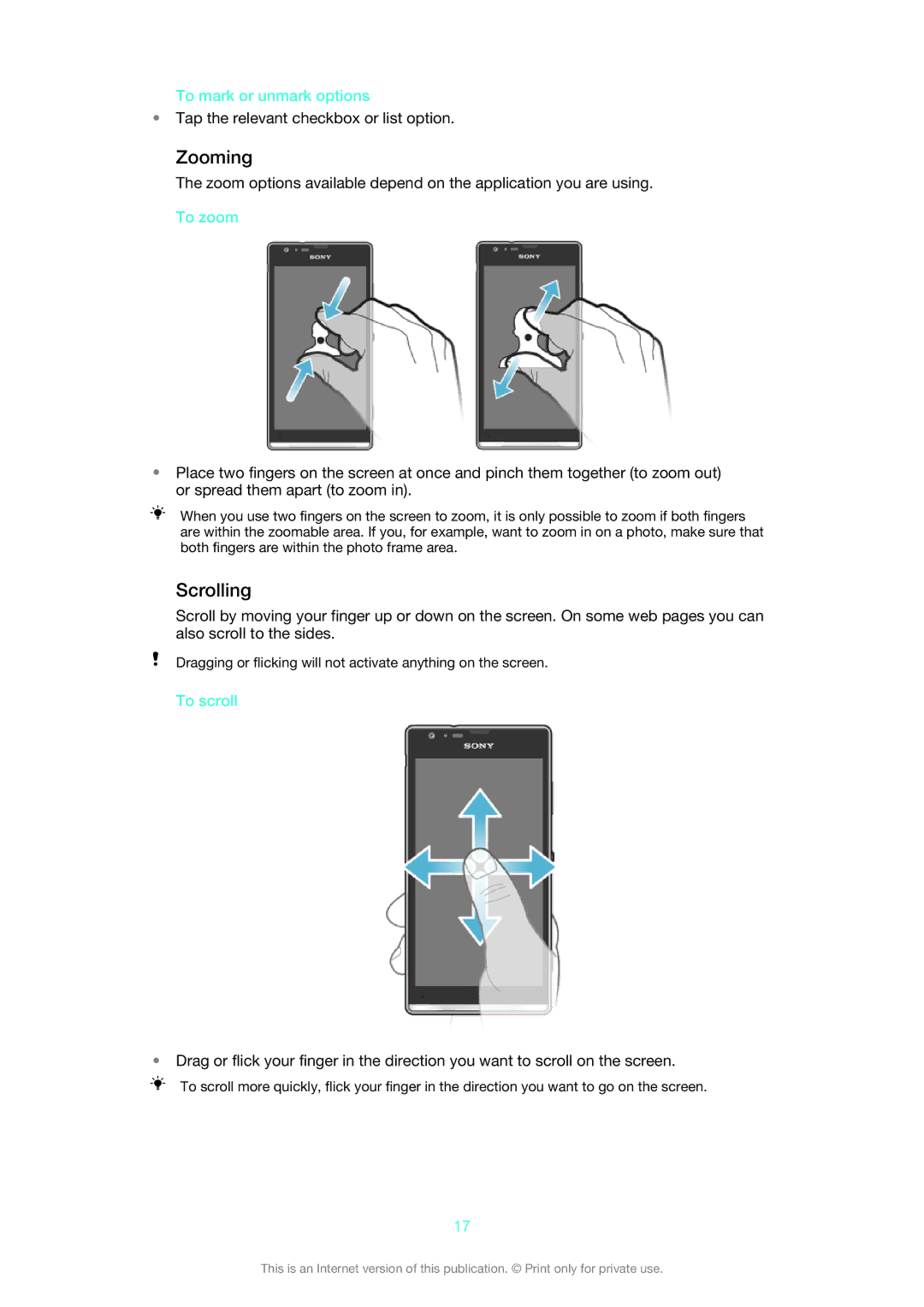 Sony 1271-4775, XSPC5306BK, 1271-4771, 1271-4777 manual Zooming, Scrolling, To mark or unmark options, To zoom, To scroll 