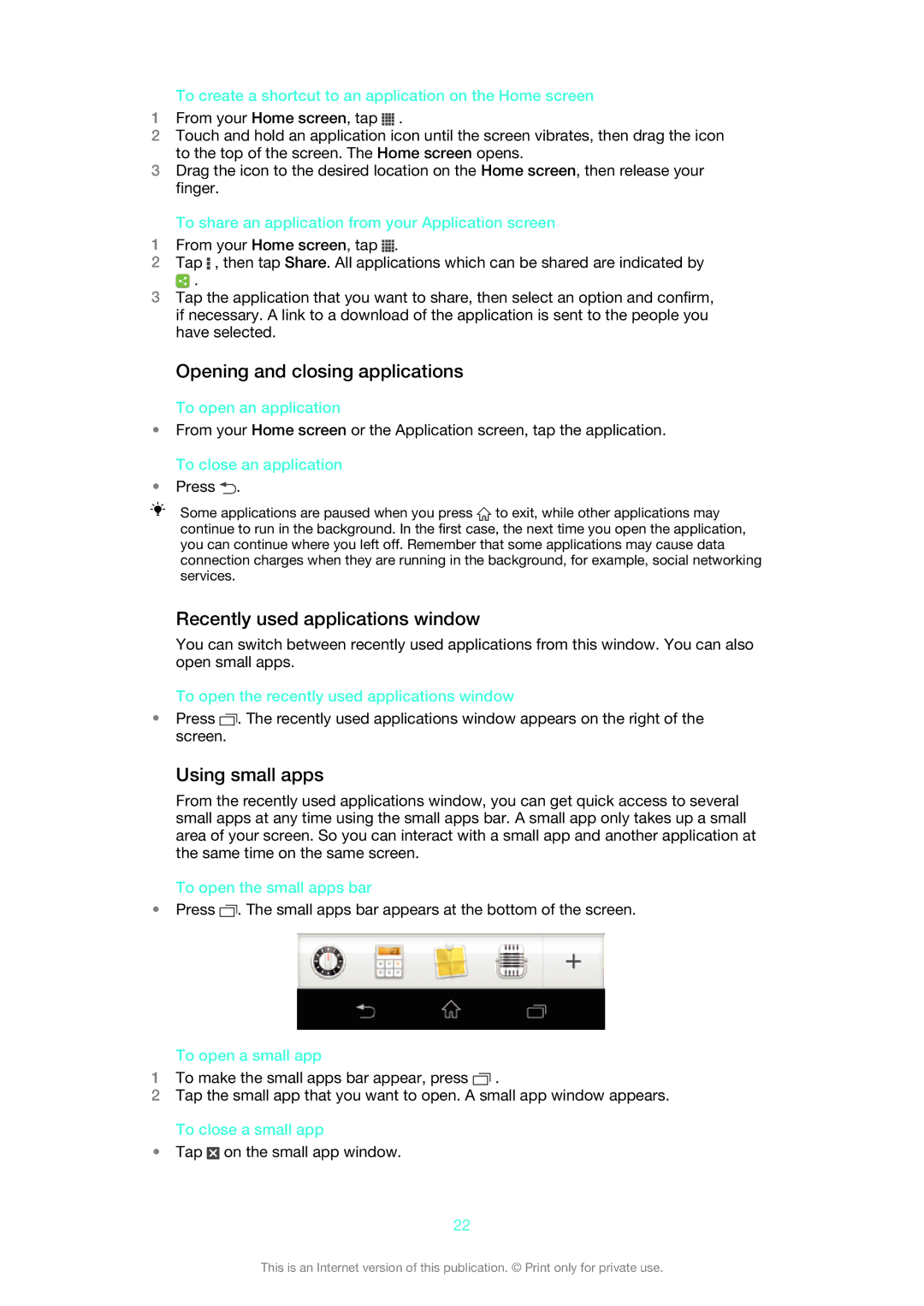 Sony 1271-4771, XSPC5306BK, 1271-4775 Opening and closing applications, Recently used applications window, Using small apps 