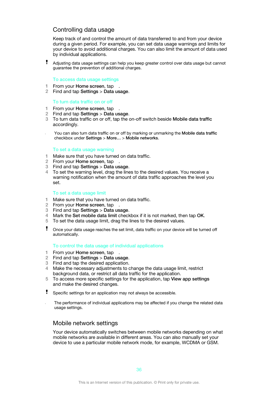 Sony XSPC5306BK, 1271-4775, 1271-4771, 1271-4777 manual Controlling data usage, Mobile network settings 