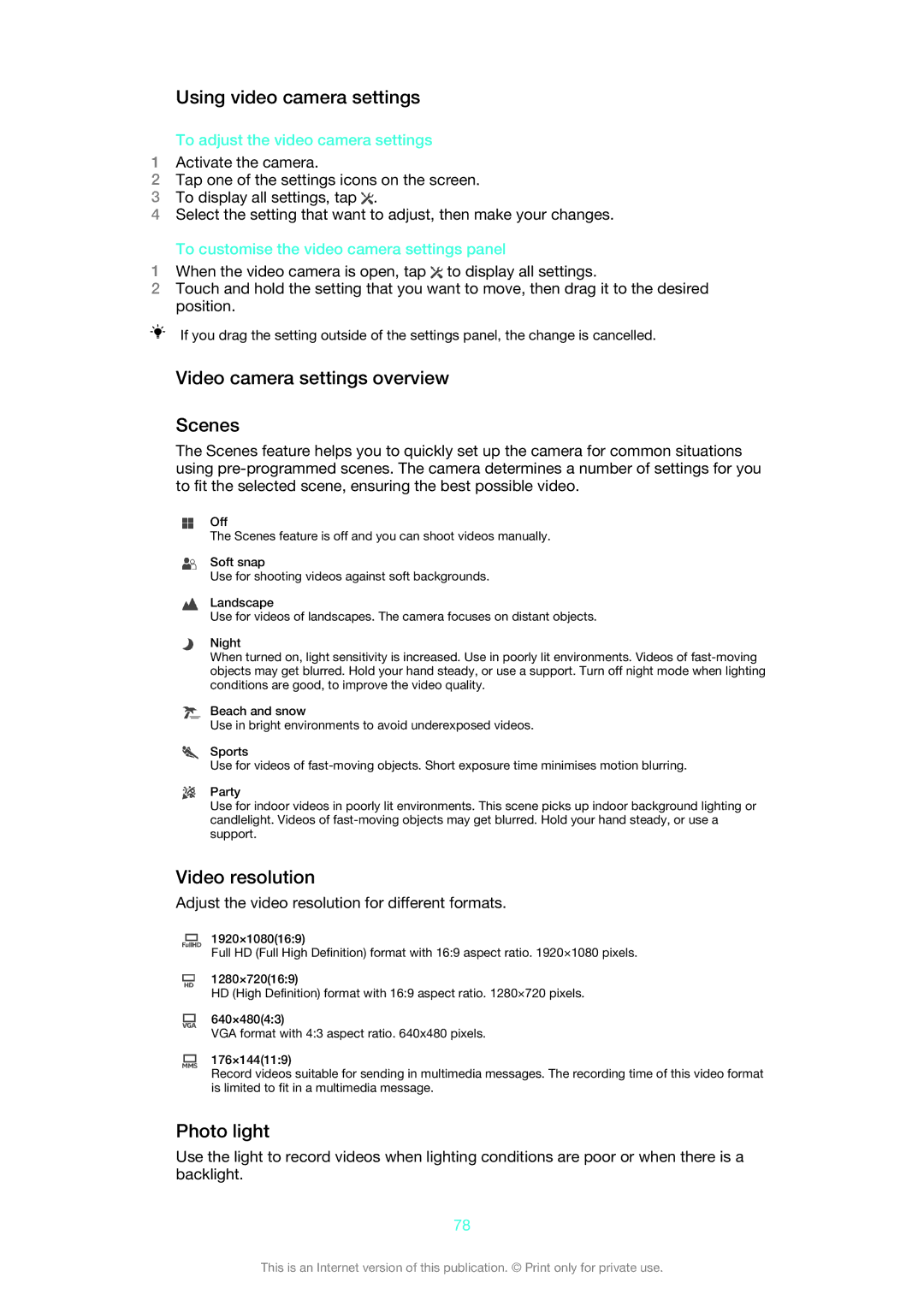 Sony 1271-4771 manual Using video camera settings, Video camera settings overview Scenes, Video resolution, Photo light 