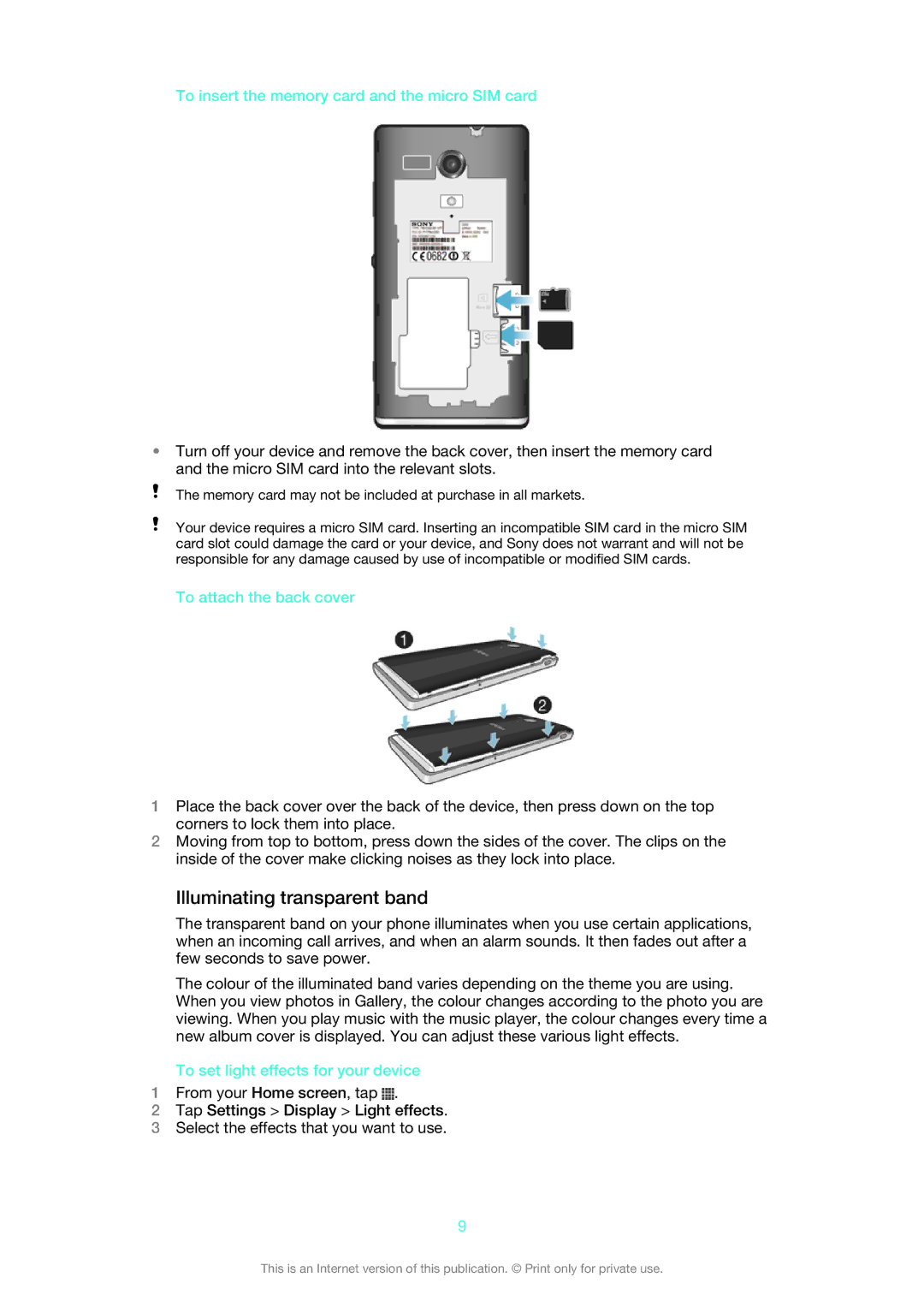 Sony 1271-4775 Illuminating transparent band, To insert the memory card and the micro SIM card, To attach the back cover 