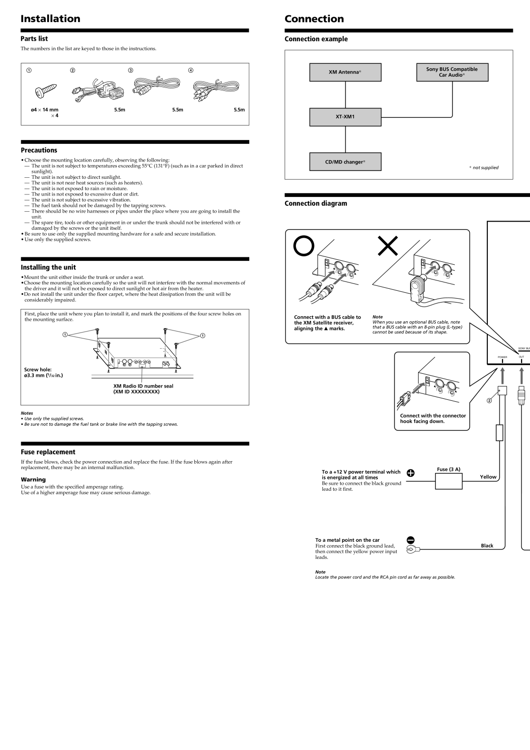 Sony XT-XM1 specifications Installation, Connection 