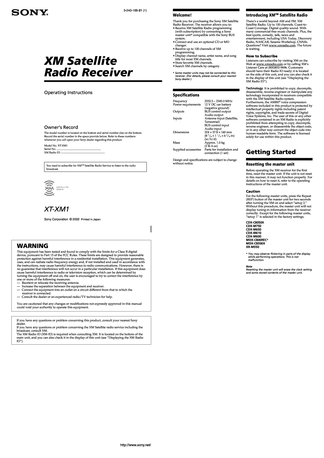Sony XT-XM1 specifications Getting Started, XM Satellite Radio Receiver, Operating Instructions Owner’s Record 