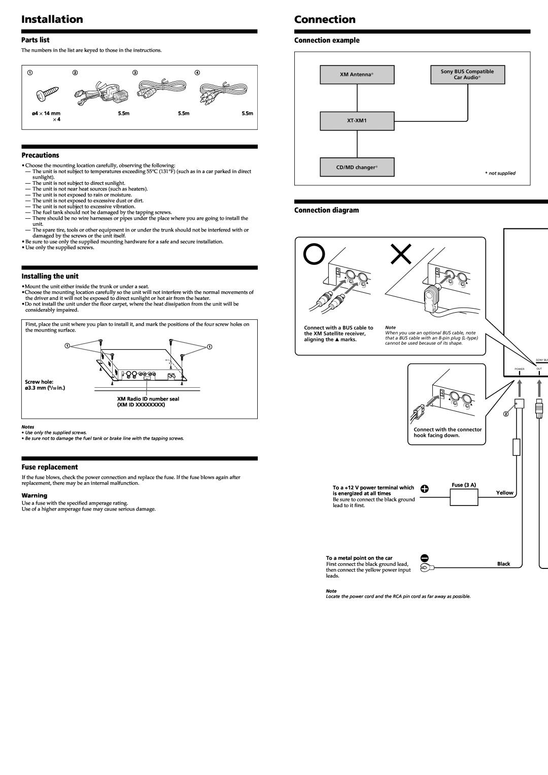 Sony XT-XM1 Installation, Parts list, Precautions, Installing the unit, Connection example, Connection diagram 
