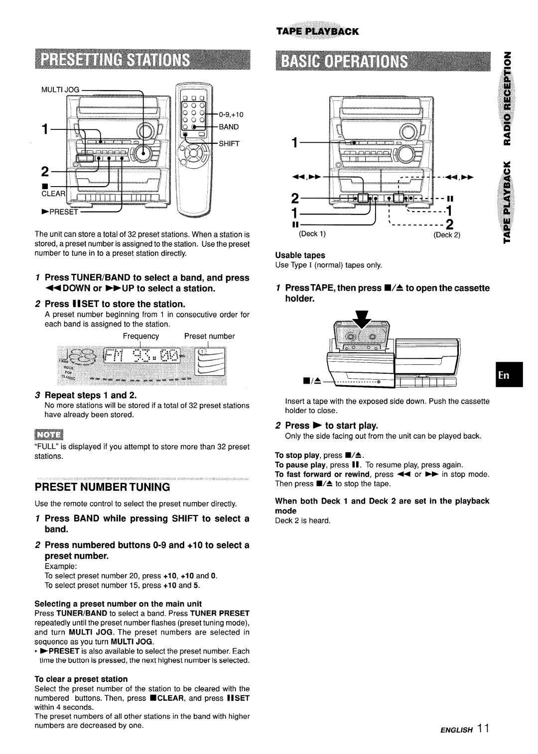 Sony Z-L30 manual Repeat steps 1, Selecting a preset number on the main unit, To clear a preset station, Usable tapes 