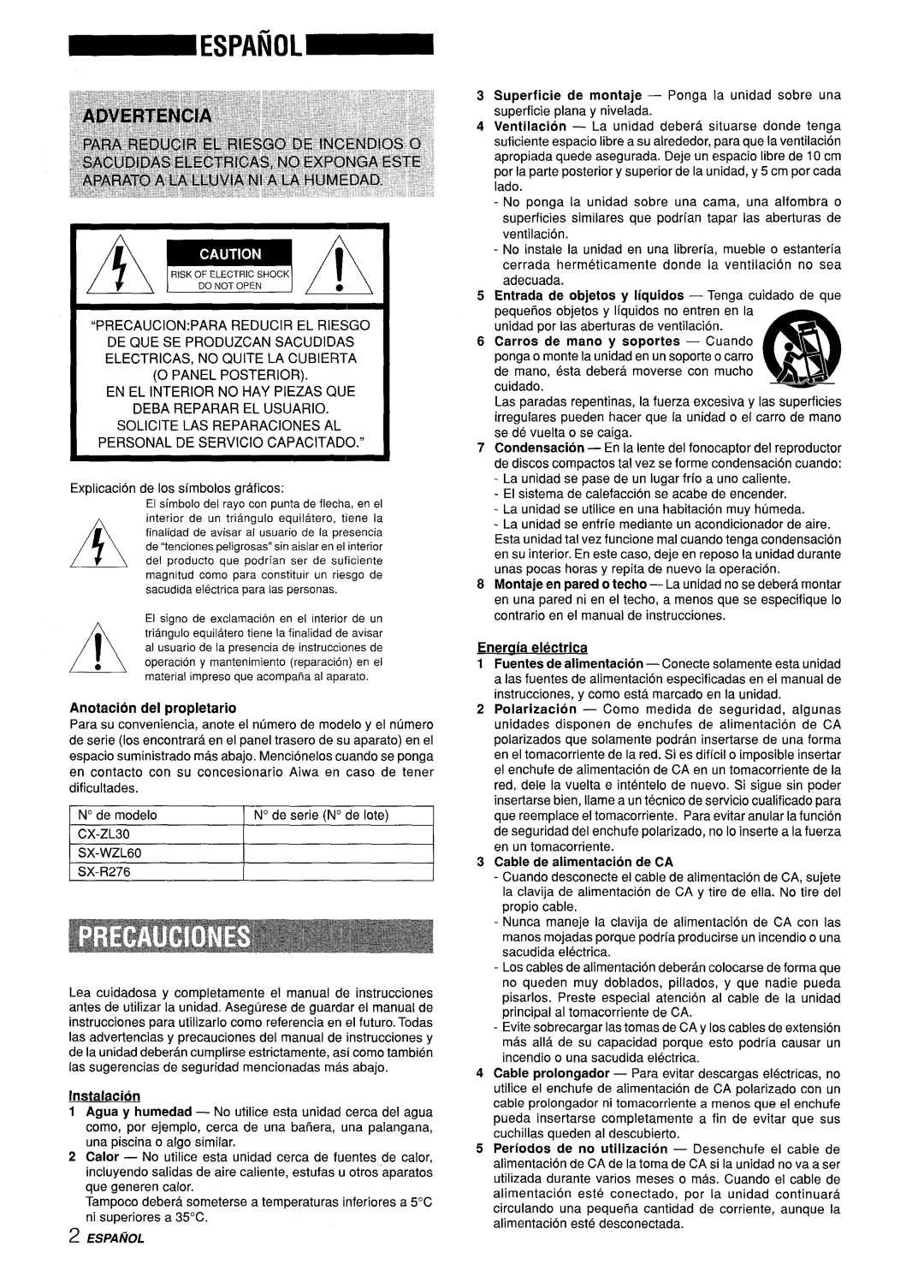 Sony Z-L30 manual Explication de Ios .sJmbolos graficos, CX-ZL30 