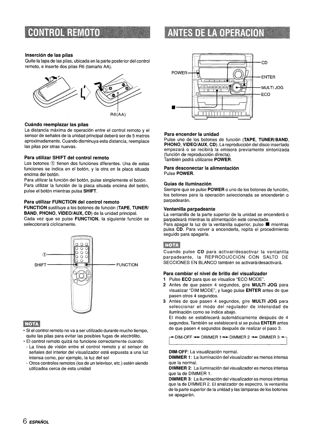 Sony Z-L30 manual Insertion de Ias pilas, Cuando reemplazar Ias pilas, Para utilizar Shift del control remoto 