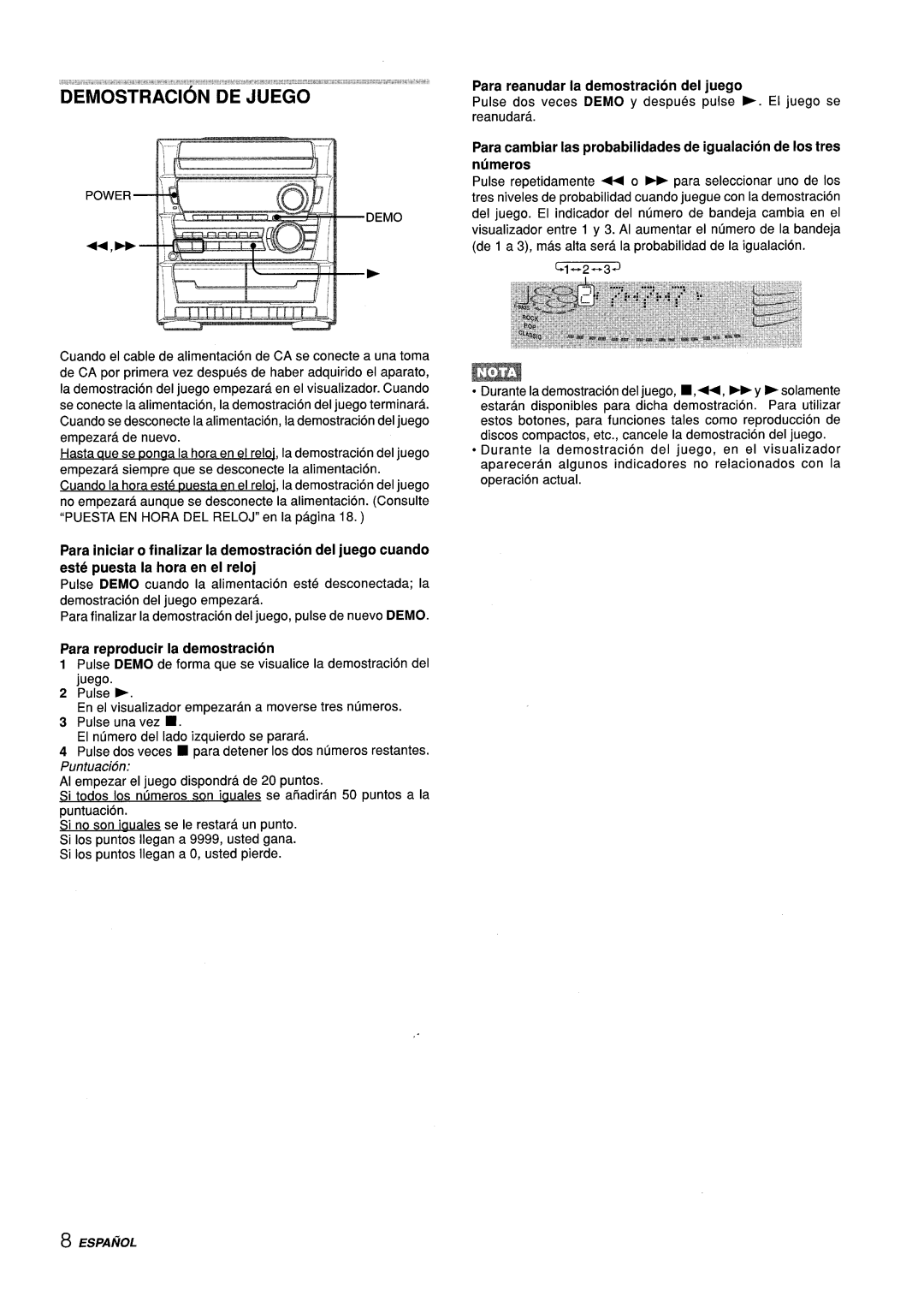 Sony Z-L30 manual Para reproducer la demostracion, Para reanudar la demostracion del juego 