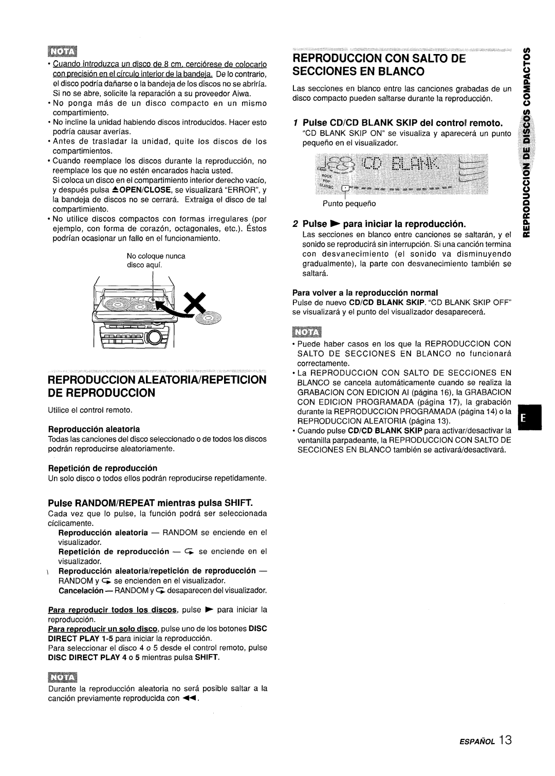 Sony Z-L30 manual Reproduction ALEATORIA/REPETITION DE Reproduction, Reproduction CON Salto DE Secciones EN Blanco 