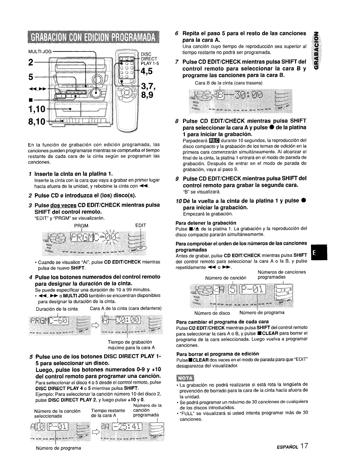 Sony Z-L30 manual Para iniciar la grabacion, Para cambiar el programa de cada cara, Para borrar el programa de edition 