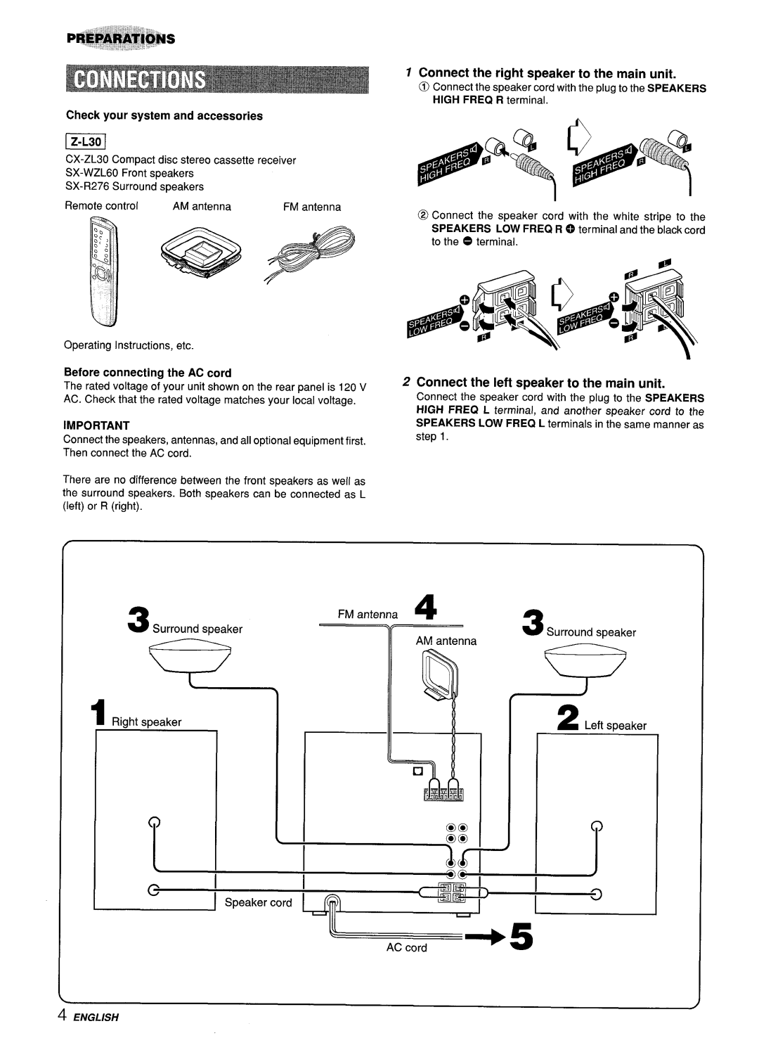 Sony Z-L30 manual Check your system and accessories, Connect the right speaker to the main unit 