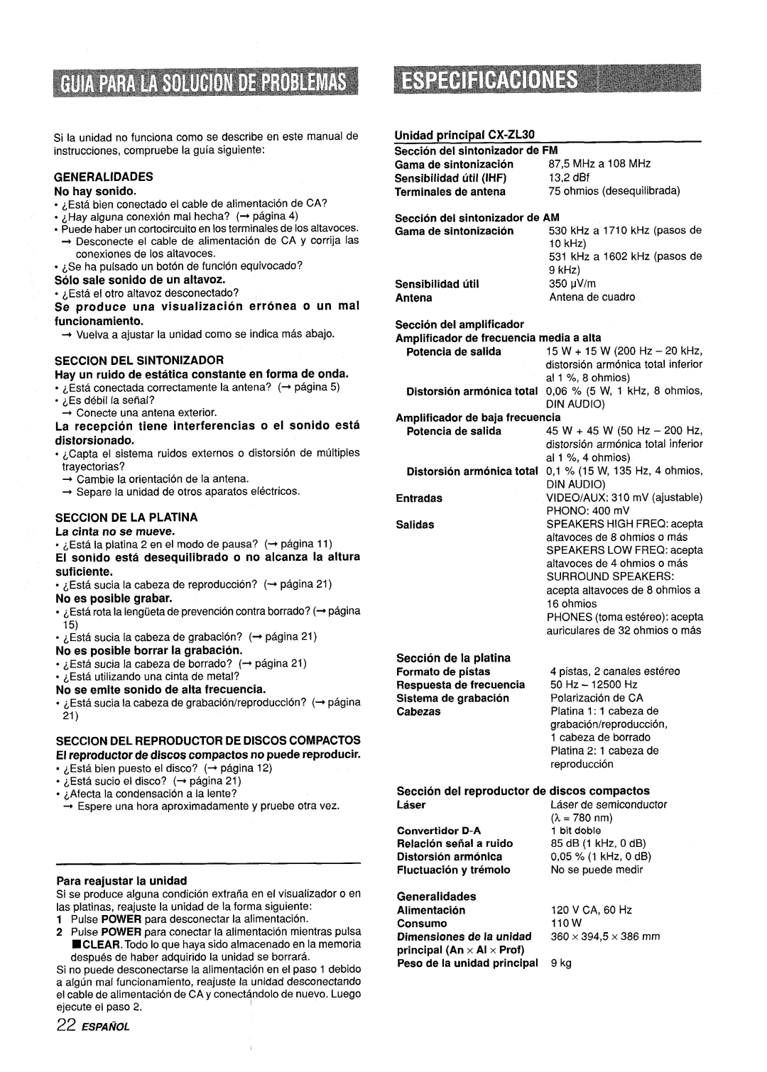 Sony Z-L30 manual No hay sonido, Seccion DEL Sintonizador, Seccion DE LA Platina 