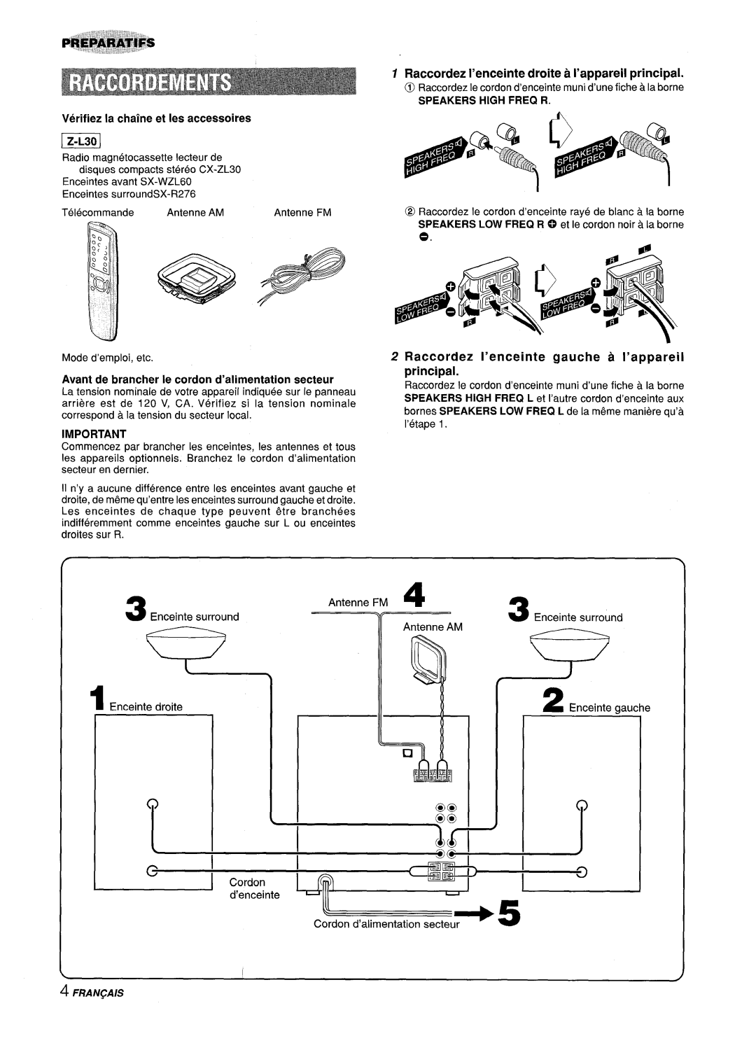 Sony Z-L30 manual Avantde brancherIe cordond’alimentationsecteur, Raccorctez I’enceinte gauche a I’appareil principal, Ram 