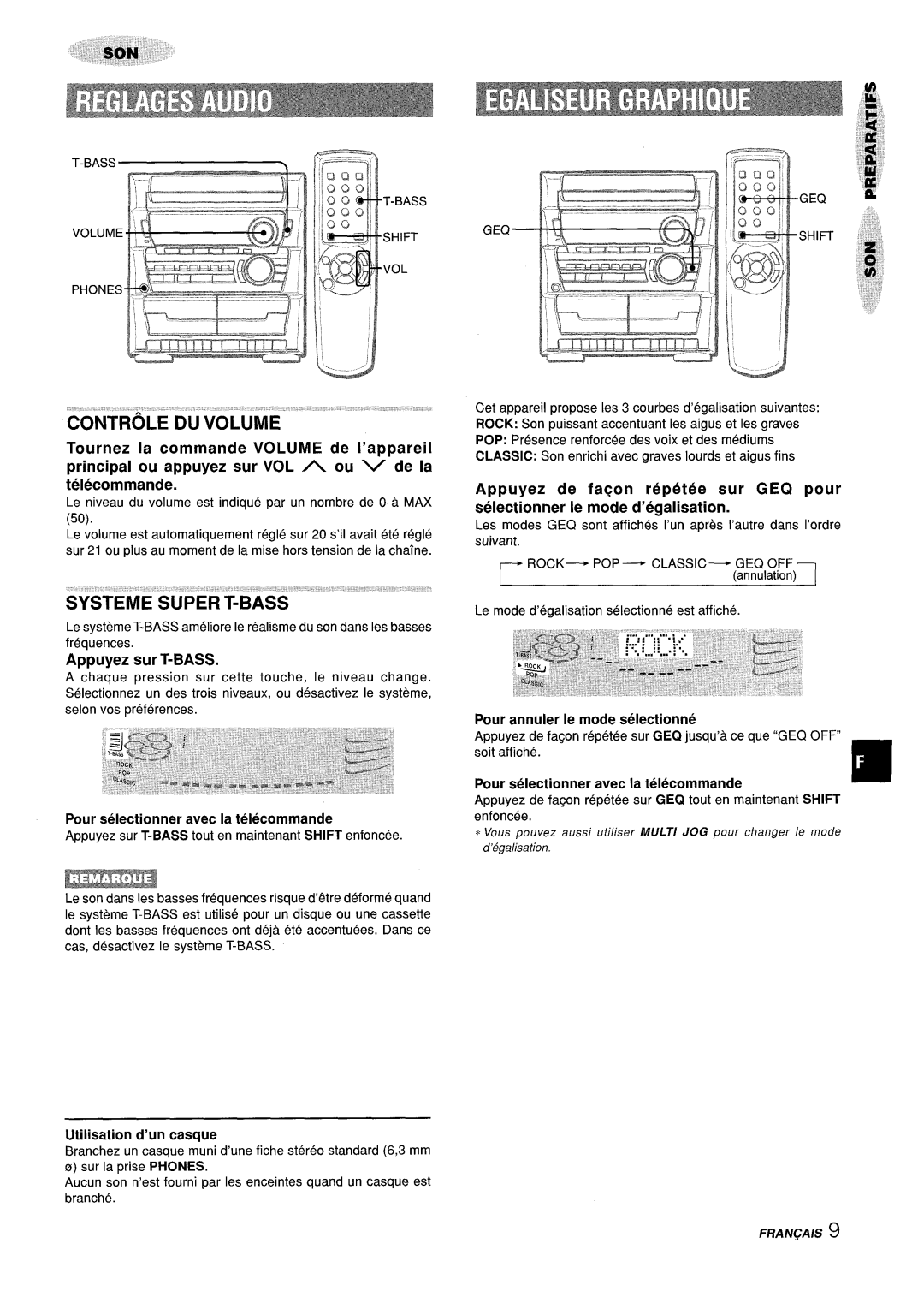 Sony Z-L30 manual Controle DU Volume, Appuyez sur T-BASS, Utilisation d’un casque, Pour annuler Ie mode selectionne 