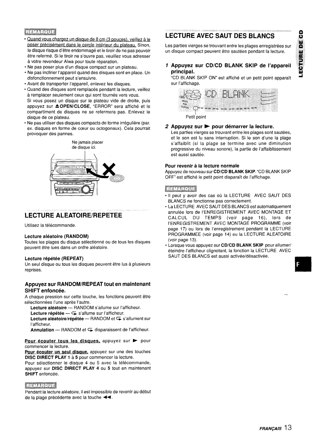 Sony Z-L30 Lecture ALEATOIRE/REPETEE, Lecture Avec Saut DES BLAN6S, Appuyez sur CD/CD Blank Skip de I’appareil principal 