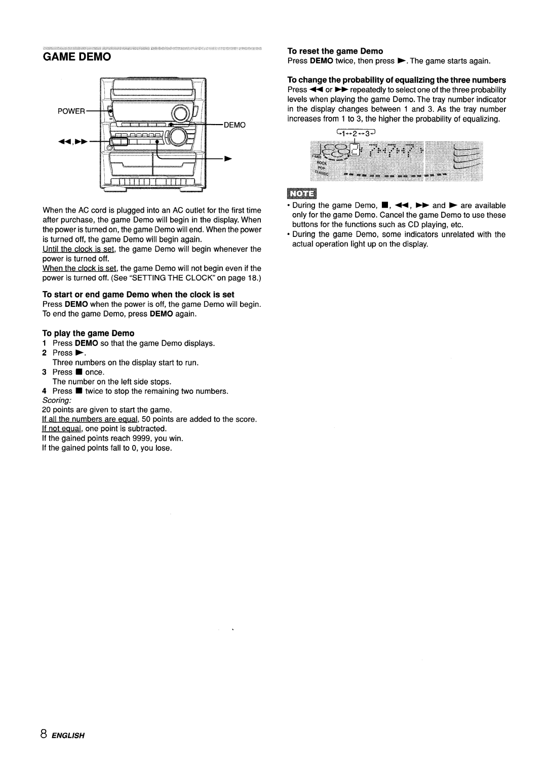 Sony Z-L30 manual To play the game Demo, To reset the game Demo, To change the probability of equalizing the three numbers 