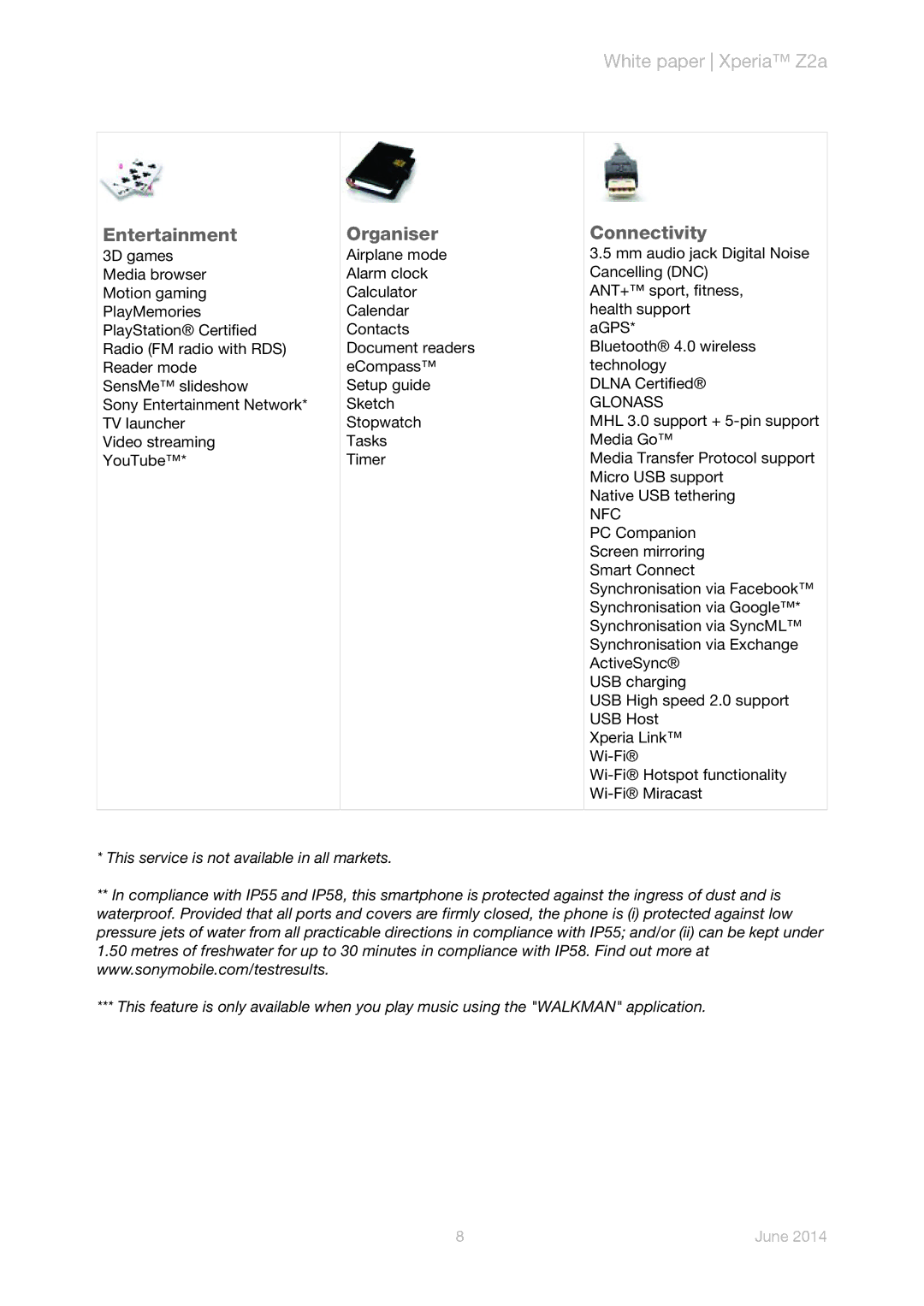 Sony Z2a manual Entertainment, Organiser, Connectivity, Glonass, Nfc 