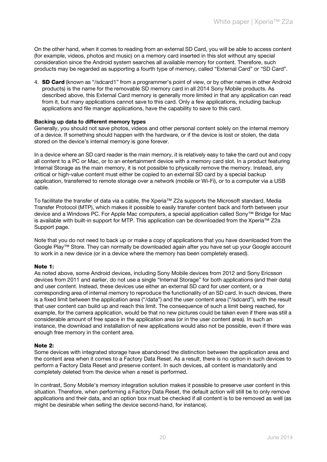 Sony Z2a manual Backing up data to different memory types 