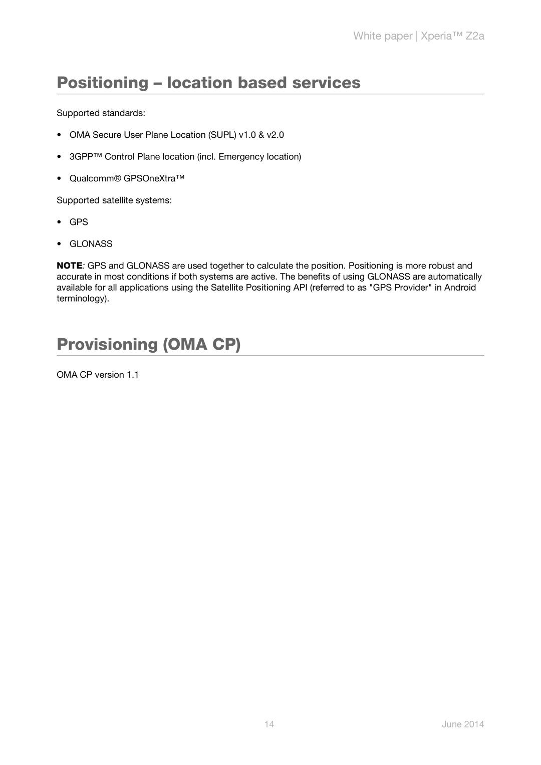 Sony manual Positioning - location based services, Provisioning OMA CP, White paper Xperia Z2a, June 