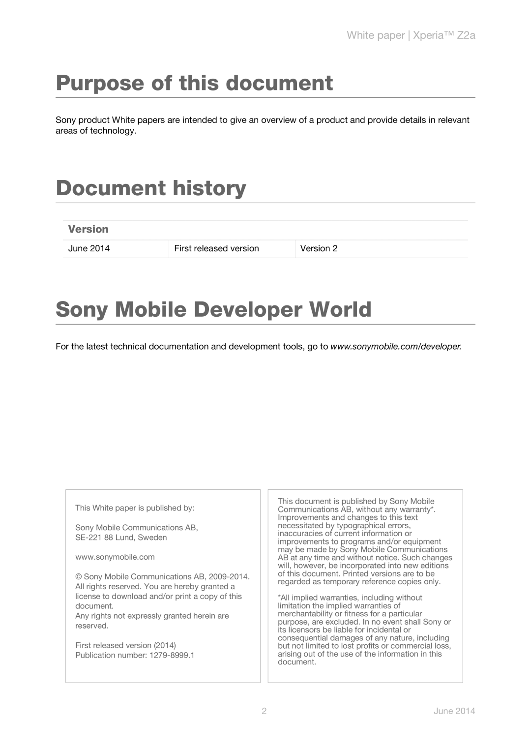Sony White paper Xperia Z2a, Version, June, Purpose of this document, Document history, Sony Mobile Developer World 