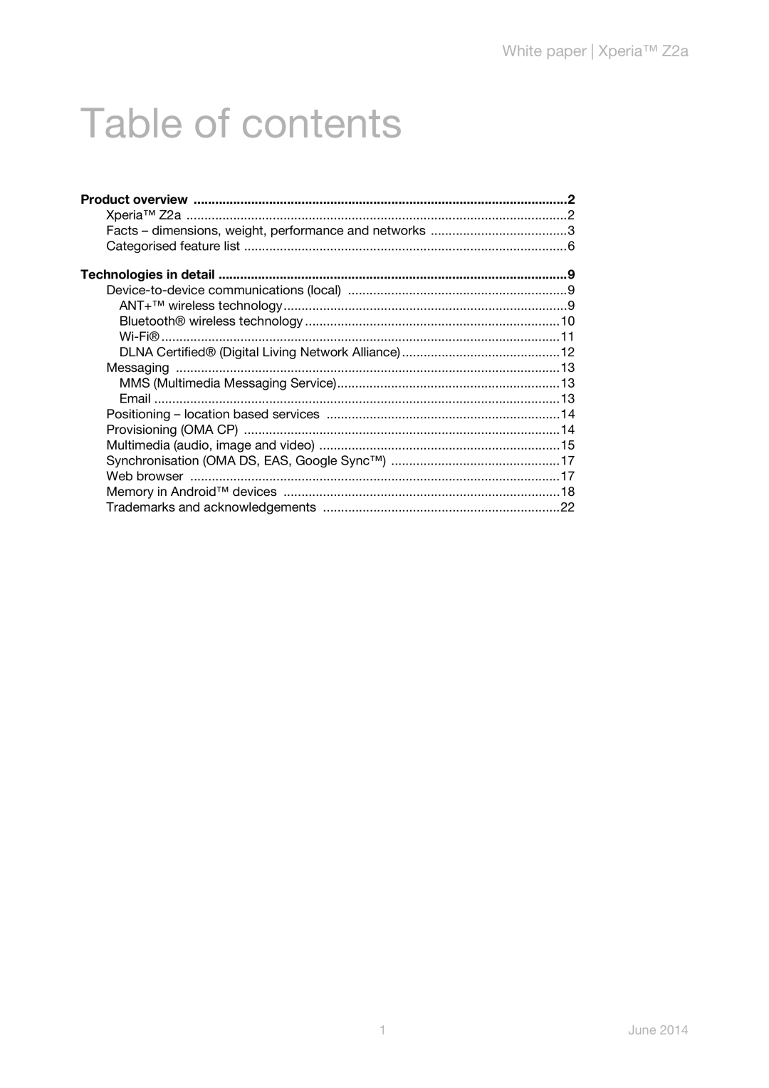 Sony manual Table of contents, White paper Xperia Z2a, June 