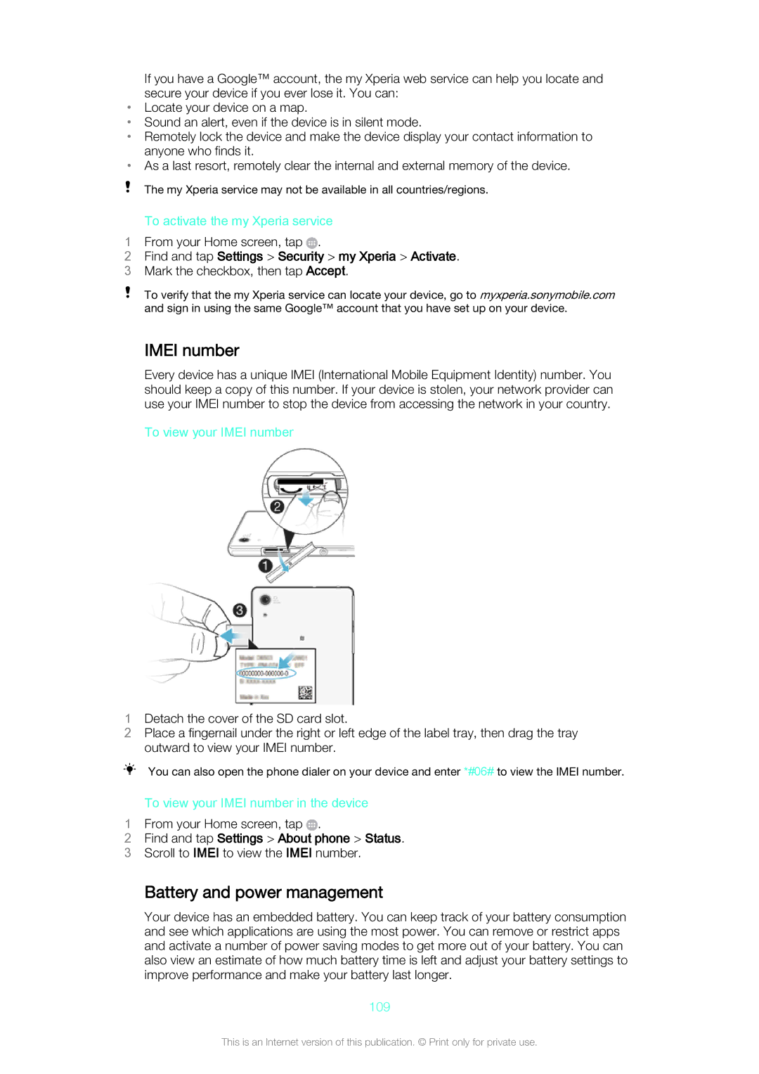 Sony Z3v manual Imei number, Battery and power management, Find and tap Settings Security my Xperia Activate 