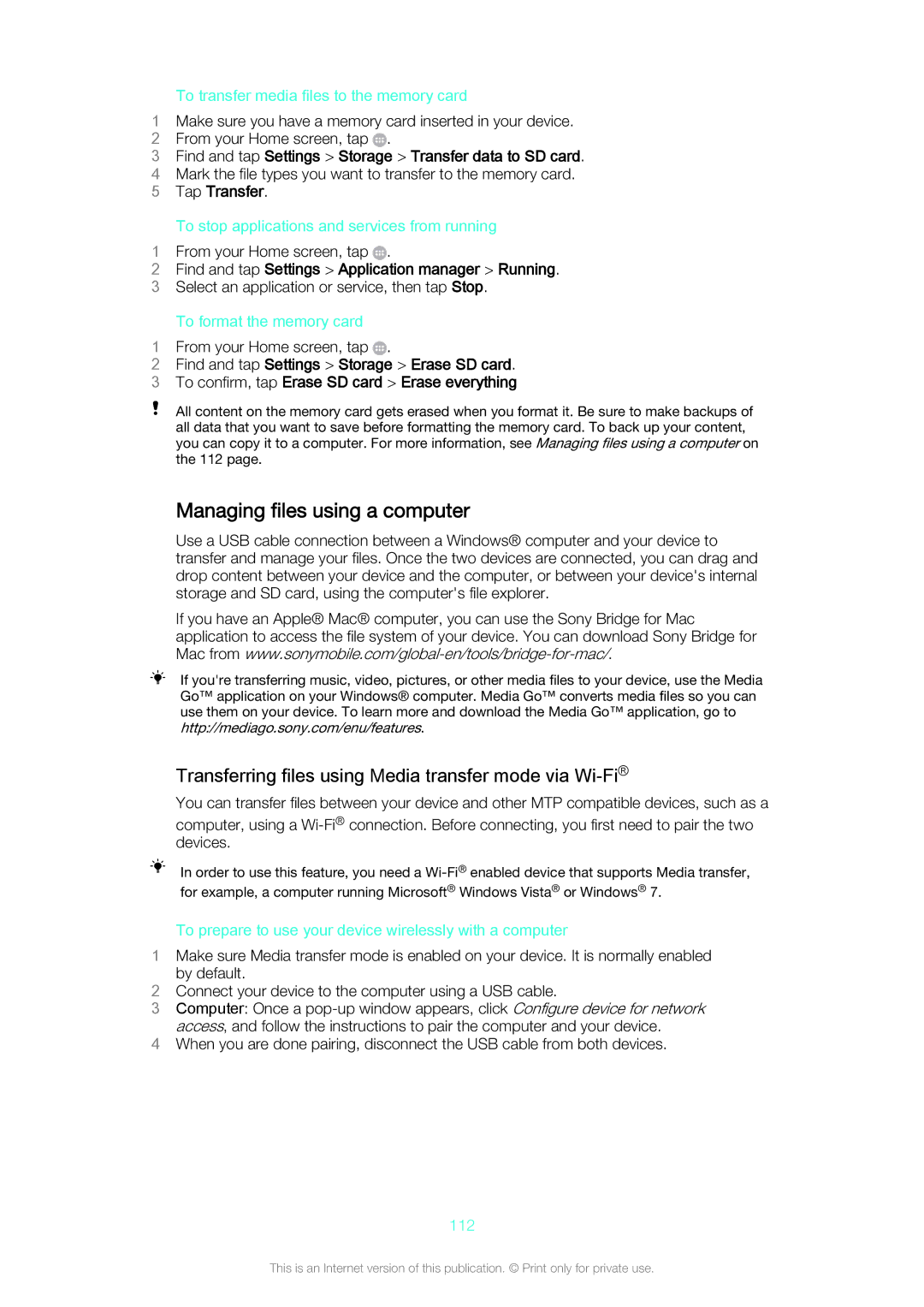 Sony Z3v manual Managing files using a computer, Transferring files using Media transfer mode via Wi-Fi, Tap Transfer 