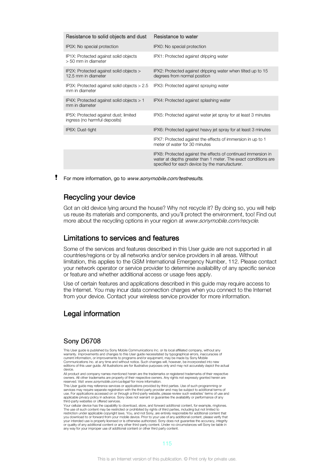 Sony Z3v manual Recycling your device Limitations to services and features, Legal information, Sony D6708, 115 