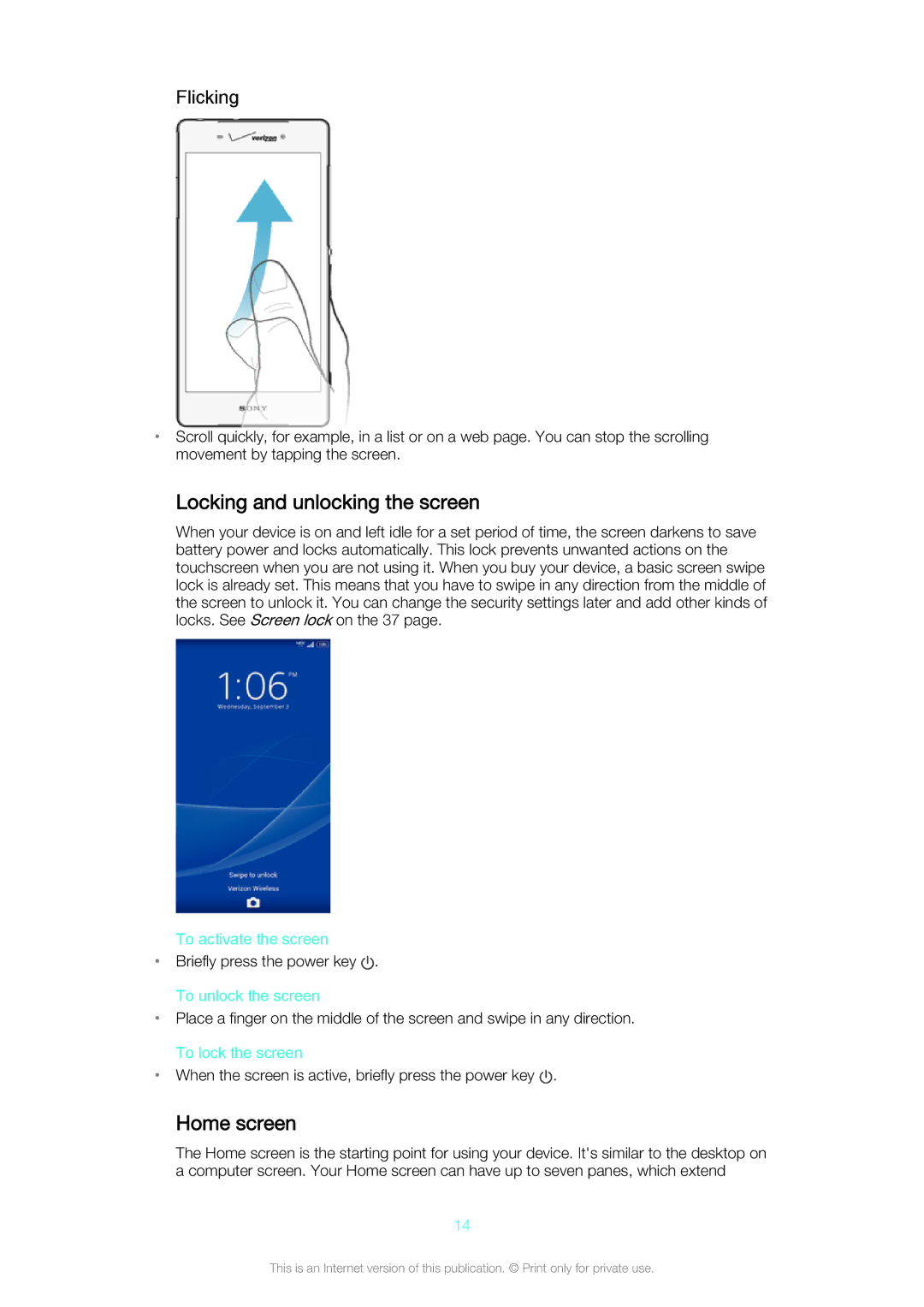 Sony Z3v manual Locking and unlocking the screen, Home screen, Flicking 