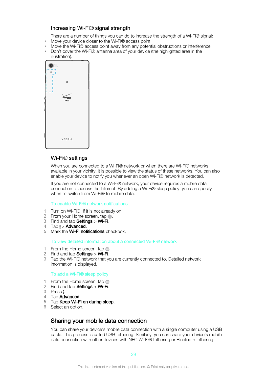 Sony Z3v manual Sharing your mobile data connection, Increasing Wi-Fi signal strength, Wi-Fi settings 