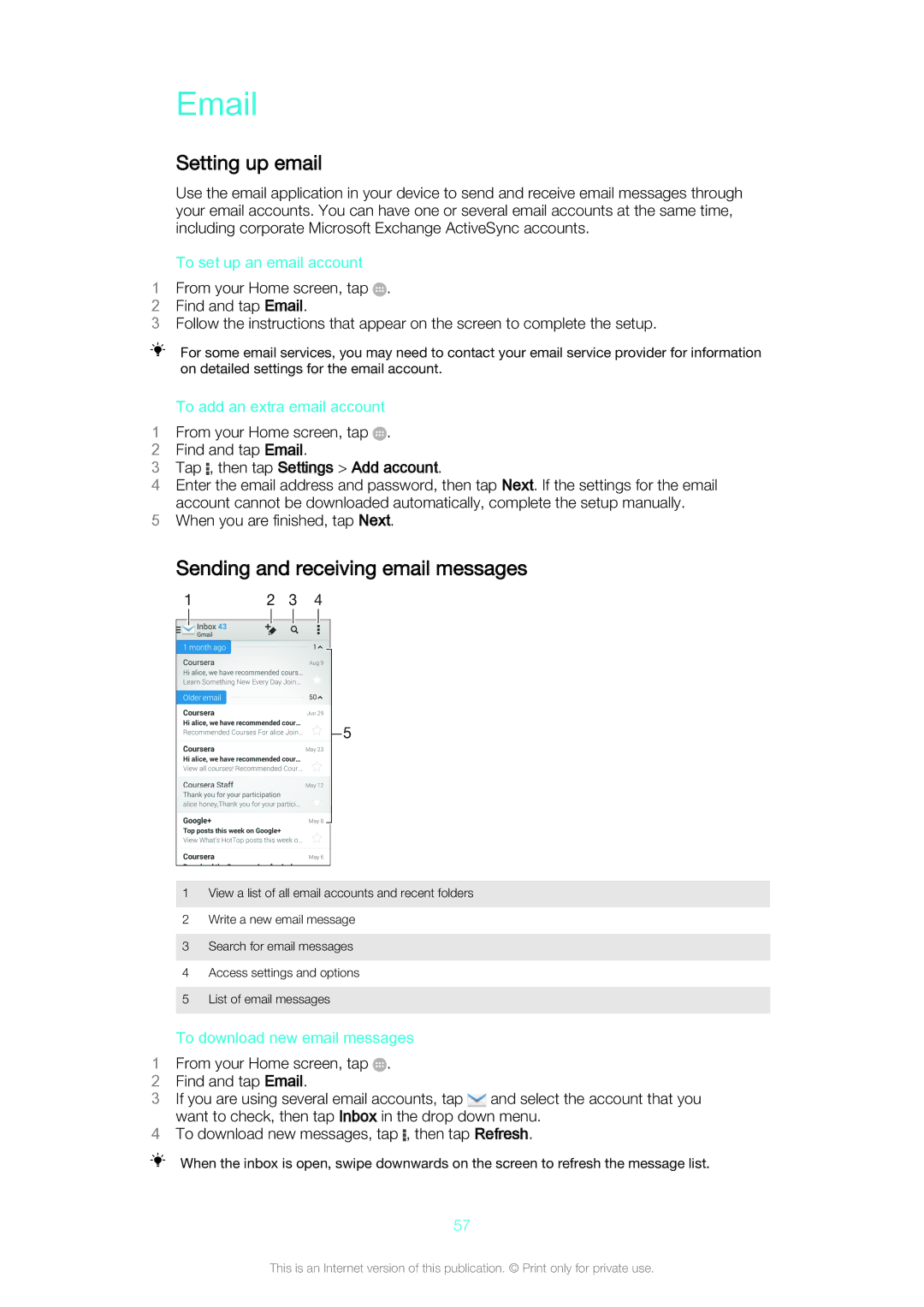 Sony Z3v manual Setting up email, Sending and receiving email messages, Tap , then tap Settings Add account 