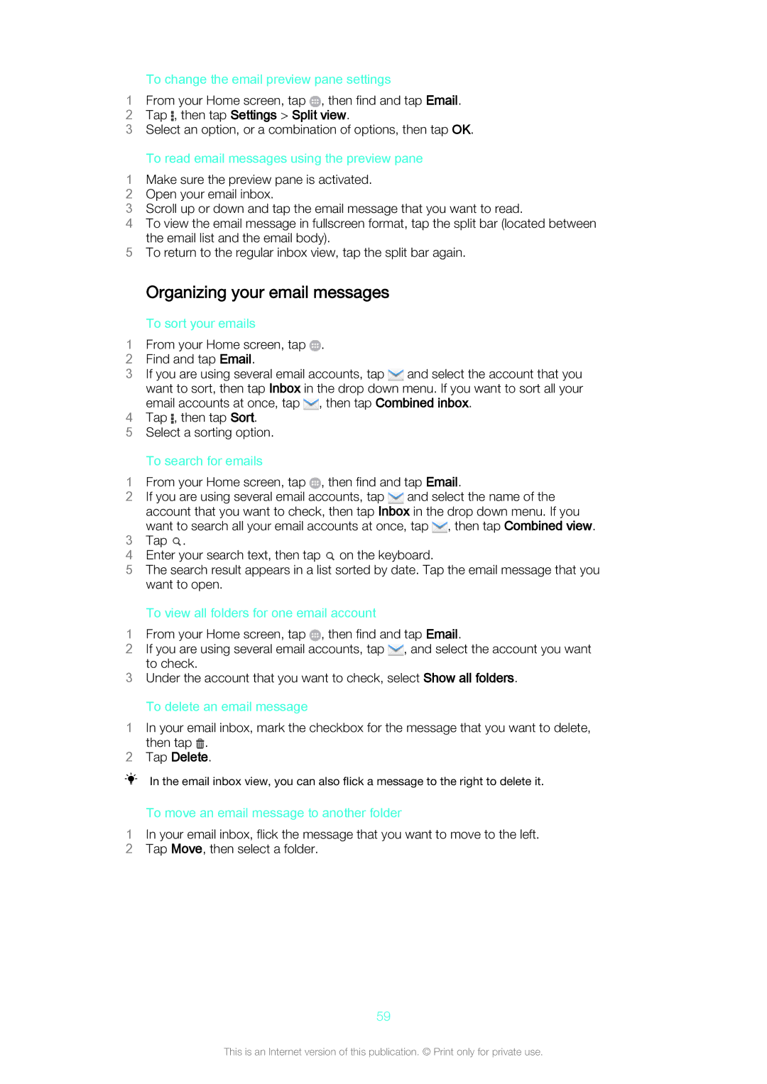 Sony Z3v manual Organizing your email messages, Tap , then tap Settings Split view, Tap Delete 
