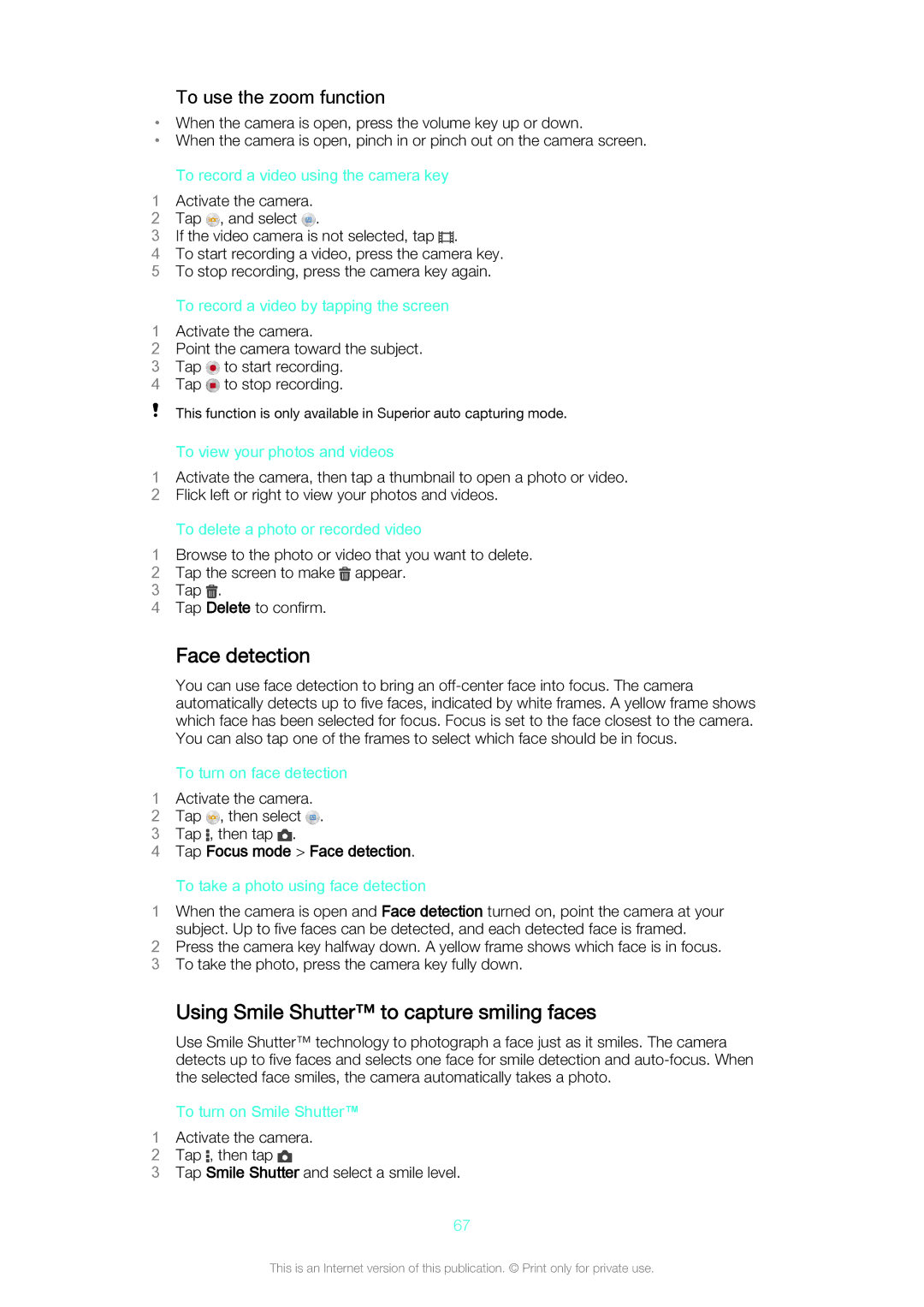Sony Z3v manual Face detection, Using Smile Shutter to capture smiling faces, To use the zoom function 