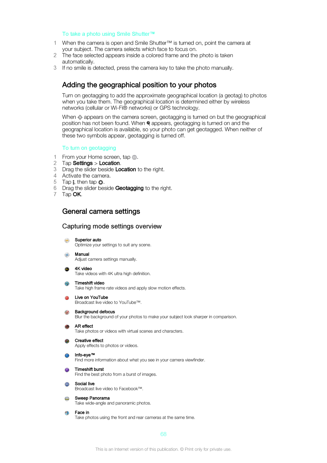 Sony Z3v manual Adding the geographical position to your photos, General camera settings, Capturing mode settings overview 