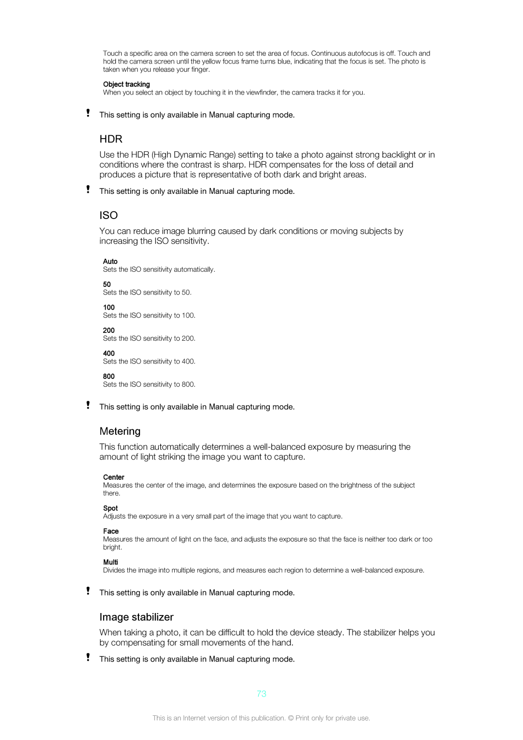 Sony Z3v manual Metering, Image stabilizer 