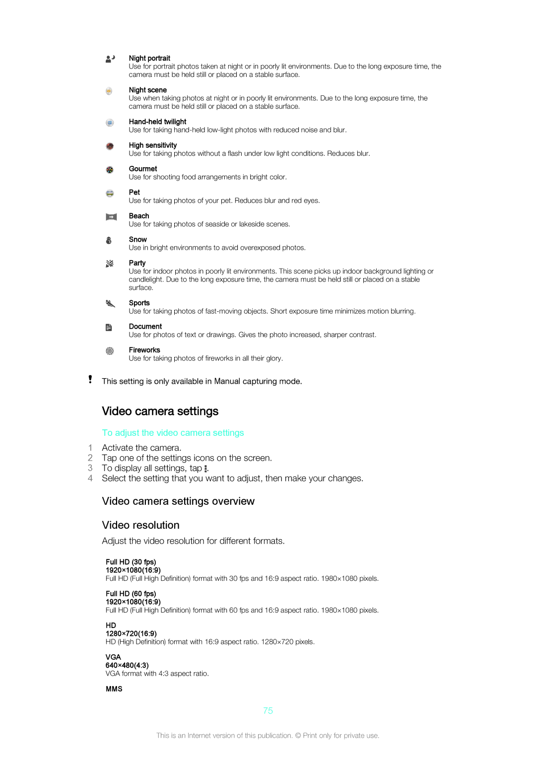 Sony Z3v manual Video camera settings overview Video resolution, To adjust the video camera settings 