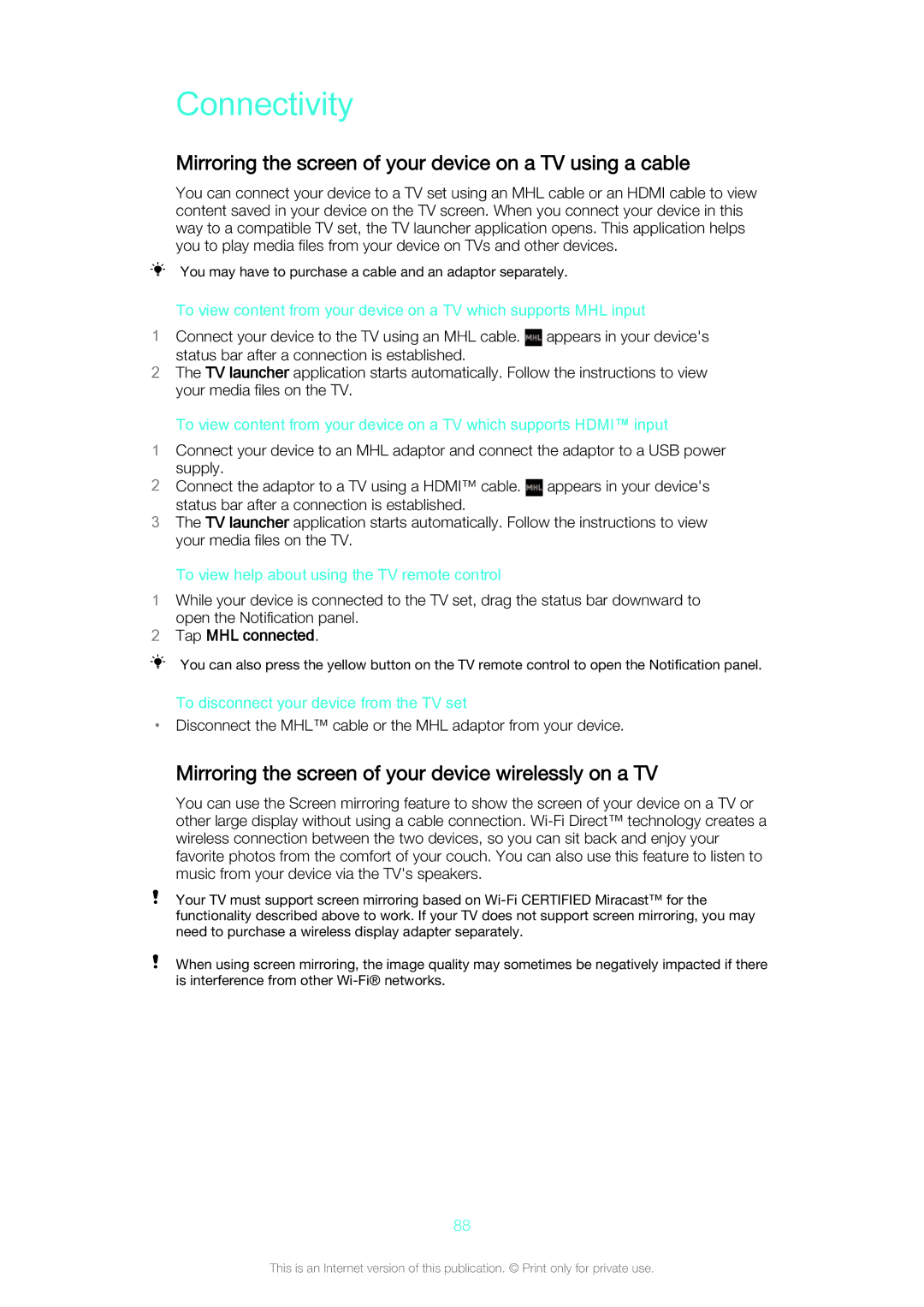 Sony Z3v manual Connectivity, Mirroring the screen of your device on a TV using a cable, Tap MHL connected 