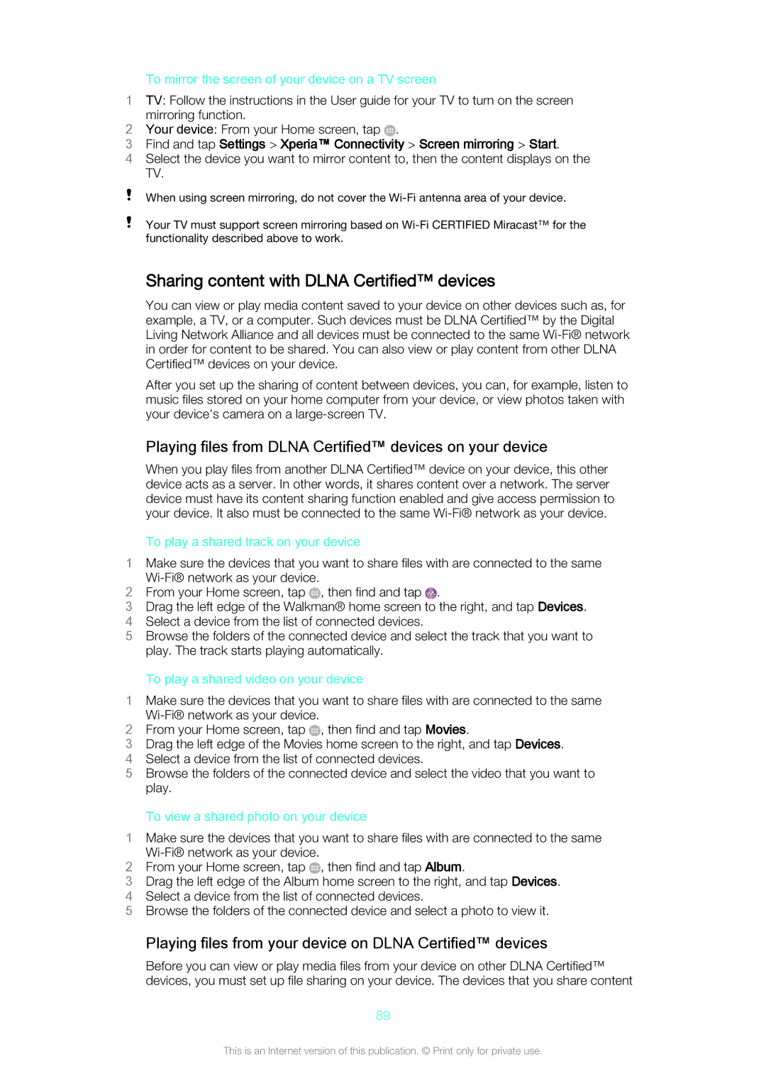 Sony Z3v manual Sharing content with Dlna Certified devices, Playing files from Dlna Certified devices on your device 