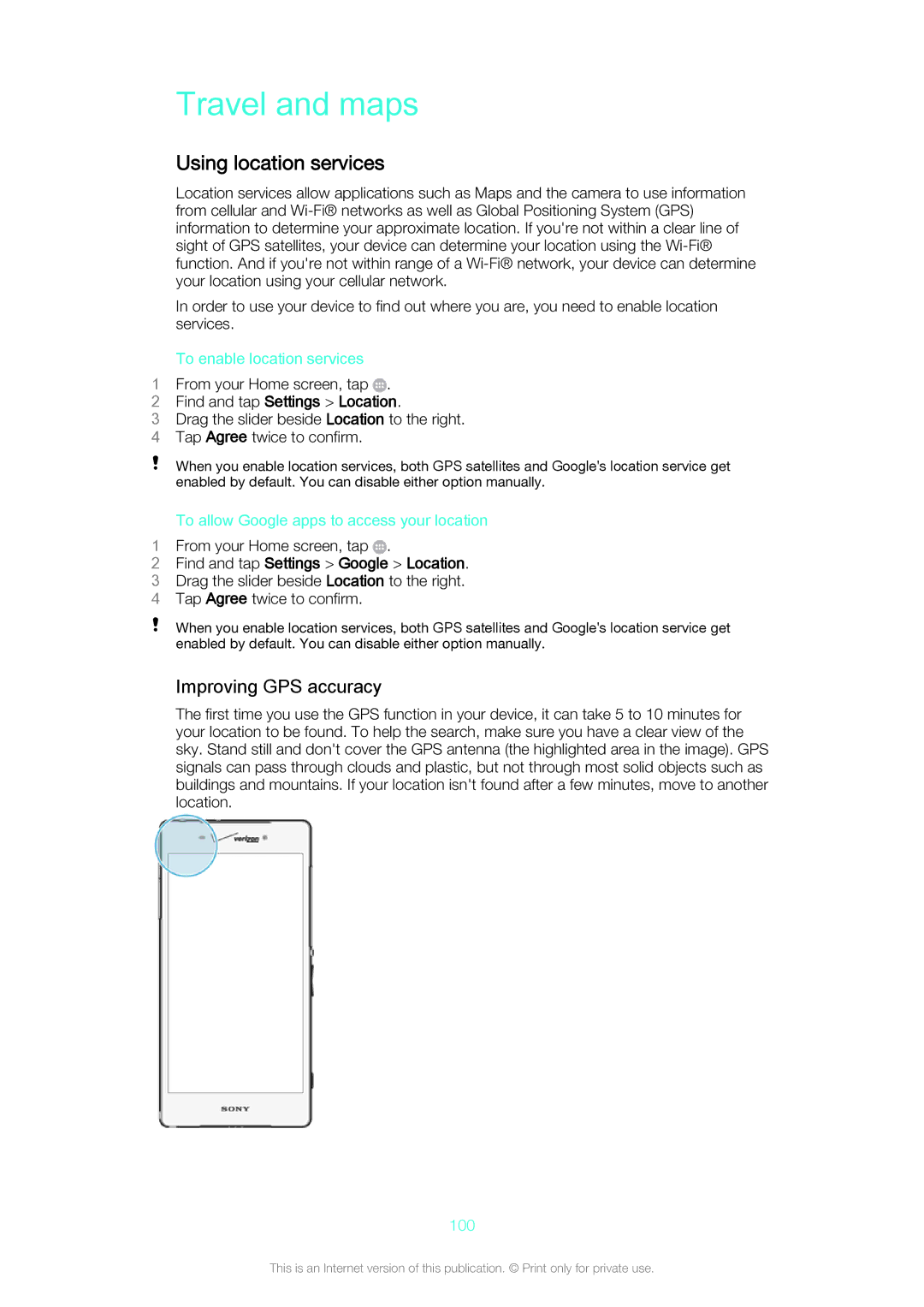 Sony Z3v manual Travel and maps, Using location services, Improving GPS accuracy, Find and tap Settings Location 