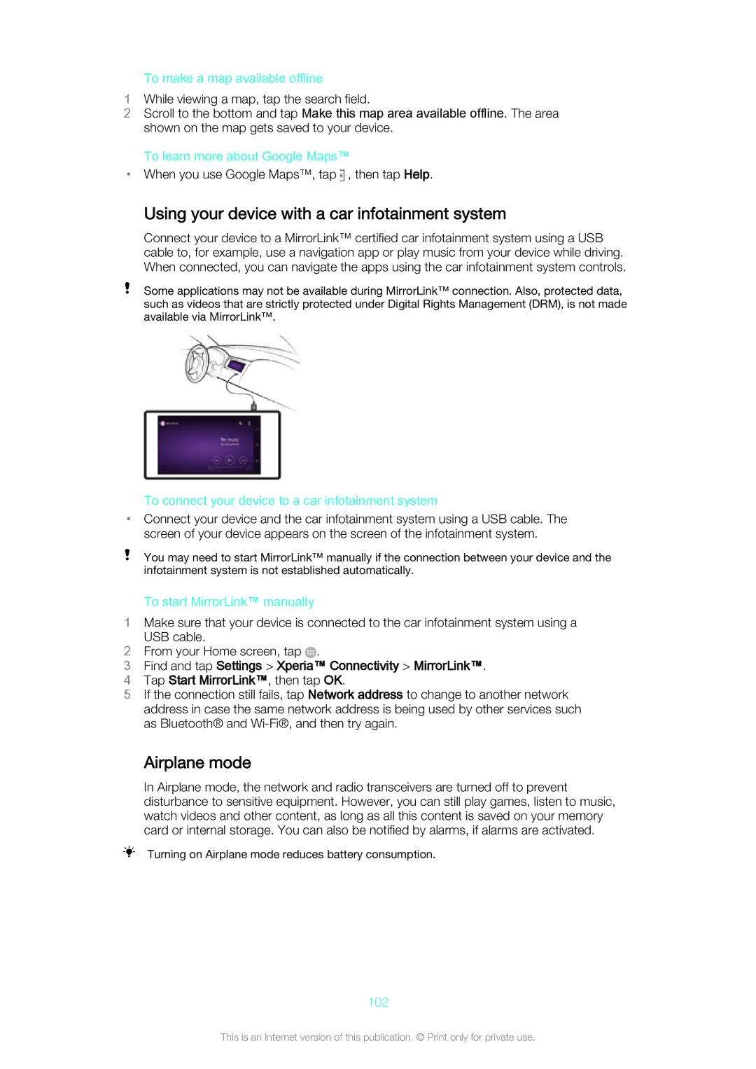 Sony Z3v manual Using your device with a car infotainment system, Airplane mode 