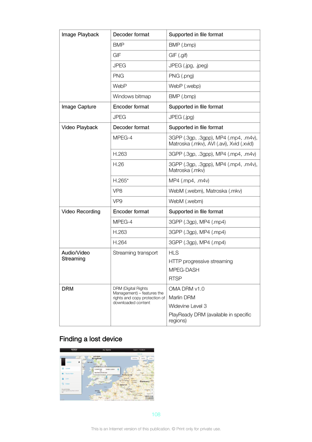 Sony Z3v manual Finding a lost device, 108 