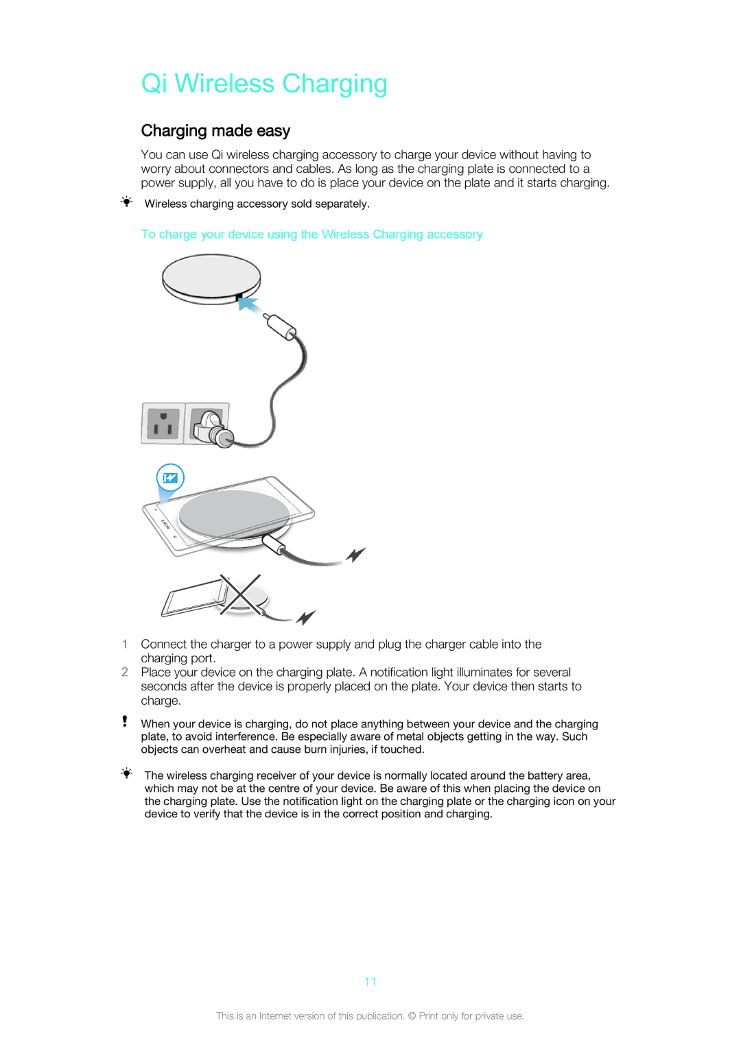 Sony Z3v manual Qi Wireless Charging, Charging made easy, To charge your device using the Wireless Charging accessory 