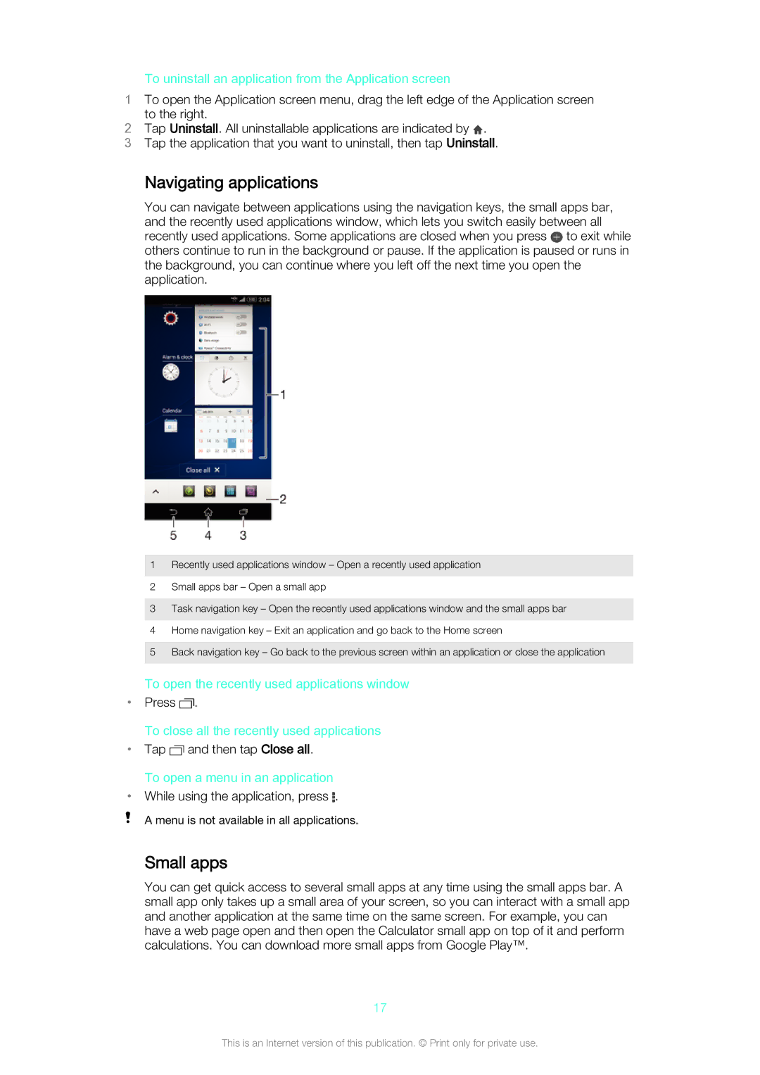 Sony Z3v manual Navigating applications, Small apps 