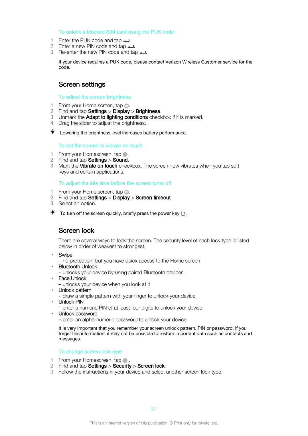 Sony Z3v manual Screen settings, Screen lock 