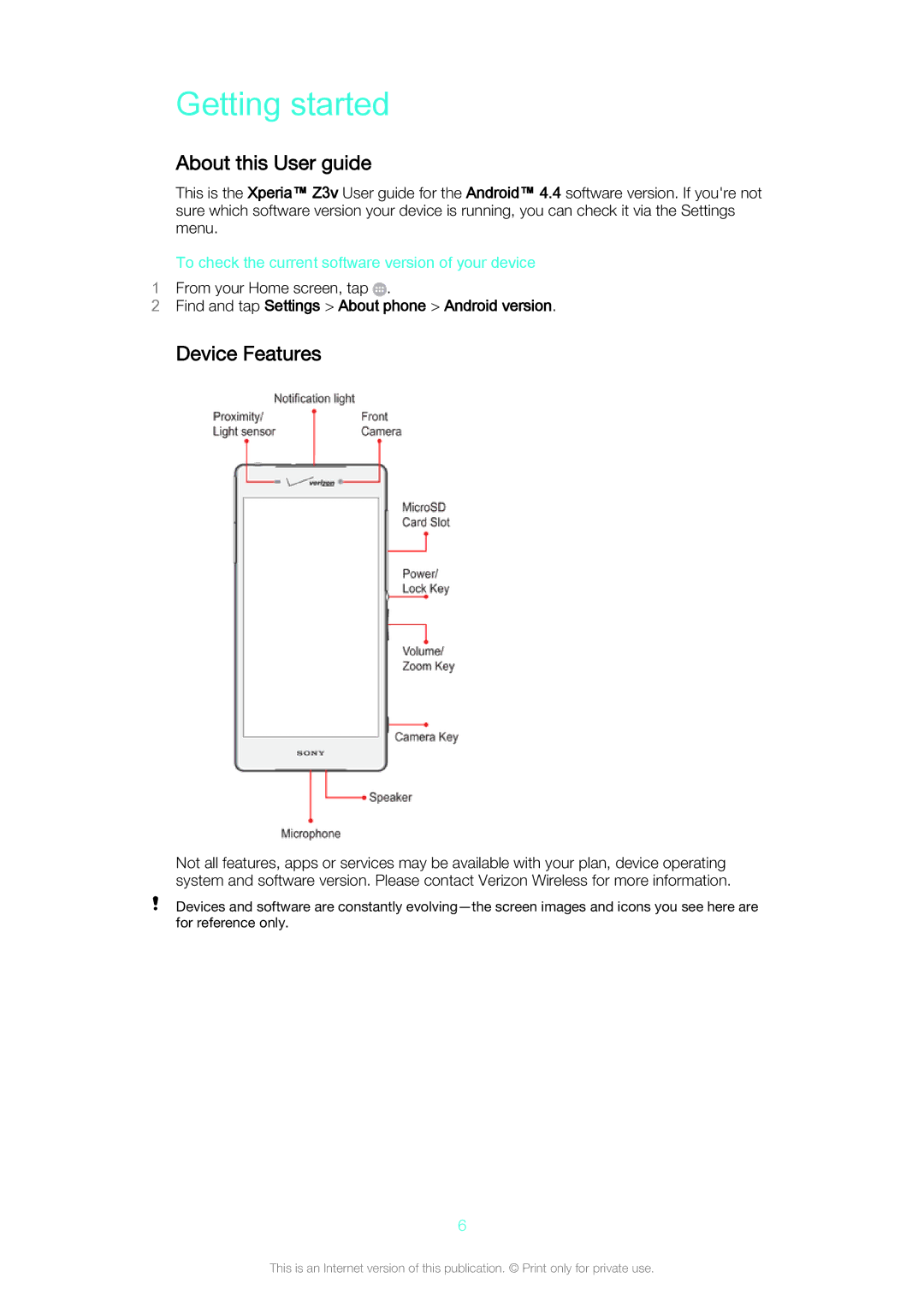 Sony Z3v Getting started, About this User guide, Device Features, To check the current software version of your device 