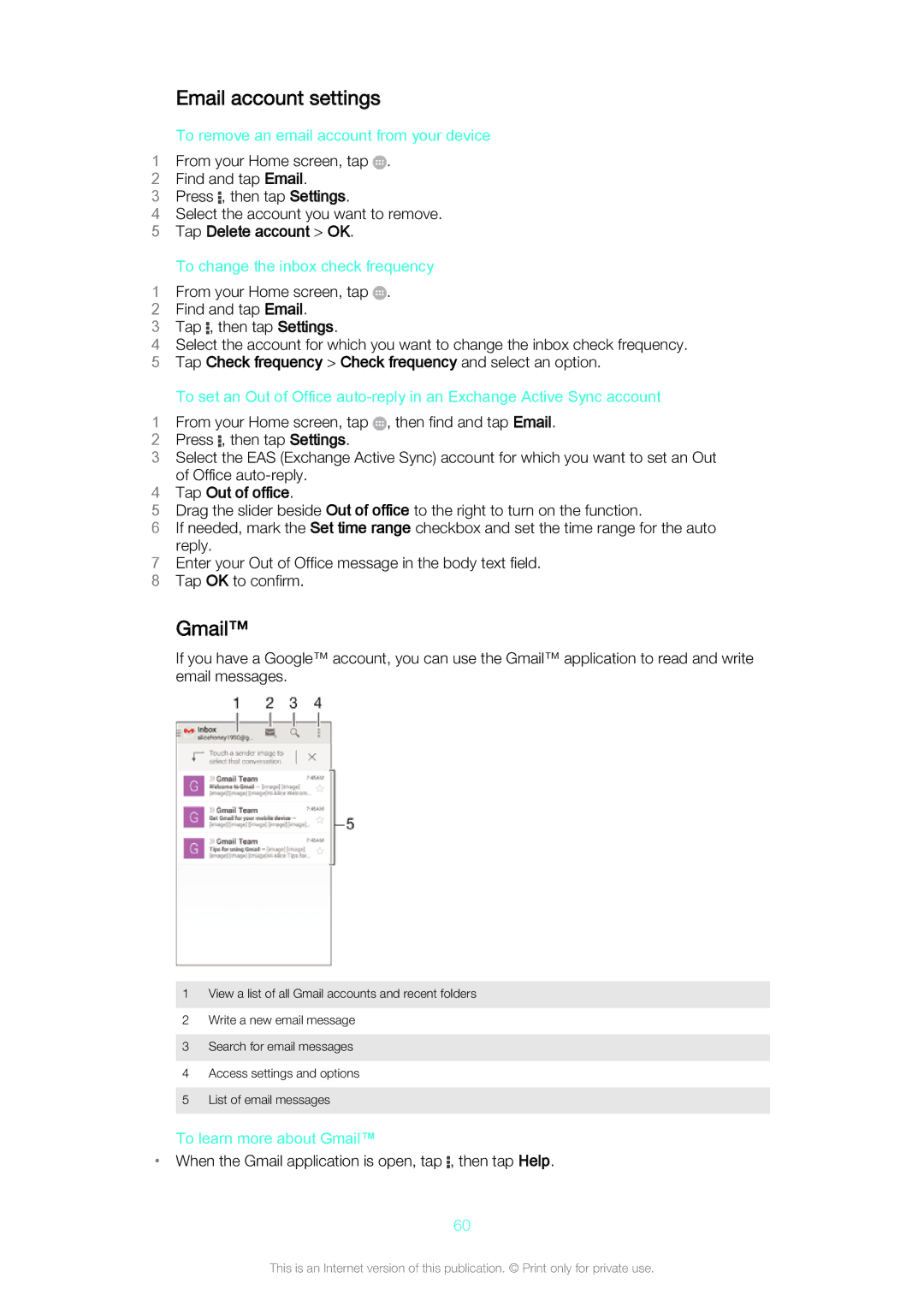 Sony Z3v Email account settings, Gmail, Tap Delete account OK, Tap Check frequency Check frequency and select an option 